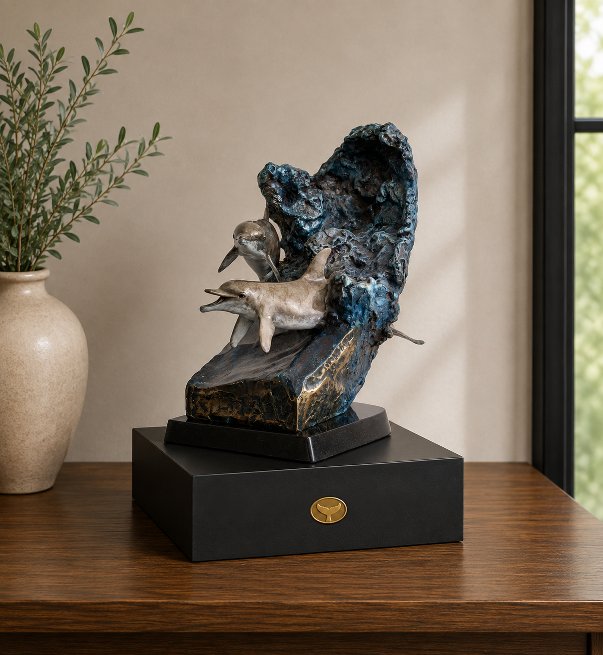 Serenade Companion Urn — Wyland bronze humpback and calf on a black Memorial Riser