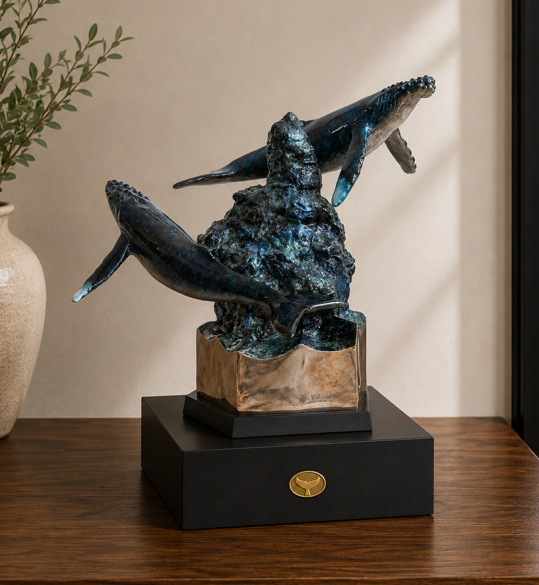 Majestic Companion Urn — Wyland bronze whale sculpture on a black Memorial Riser