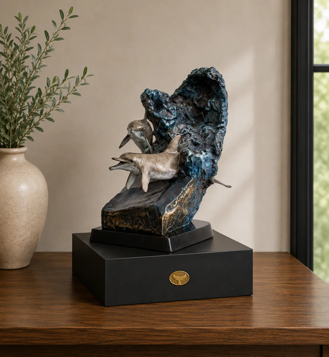 Serenade Companion Urn — Wyland bronze humpback and calf on a black Memorial Riser