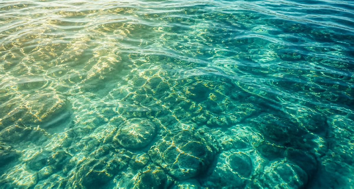 Crystal clear ocean water with sunlight dancing on the surface