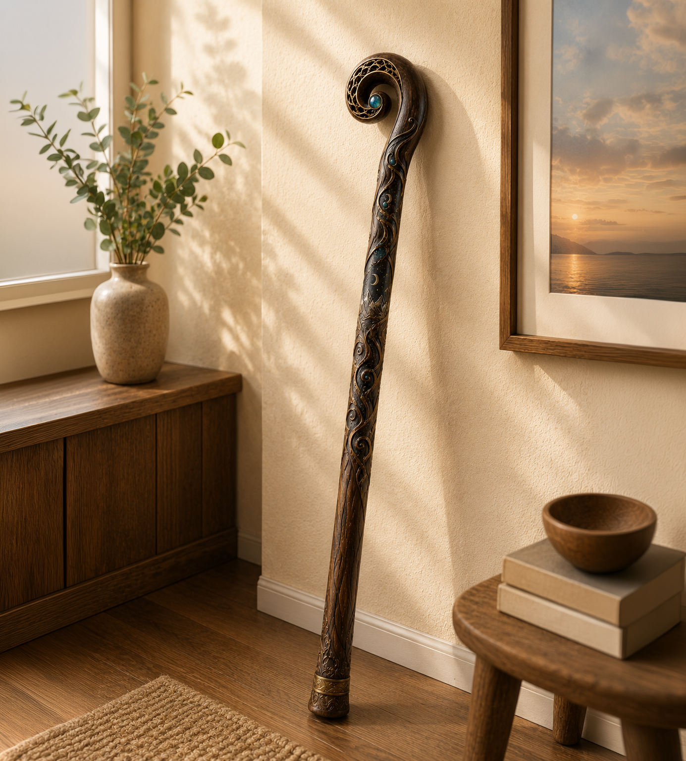 The Horizon Walking Stick leaning against a wall in a sunlit room beside a wooden bench and framed artwork