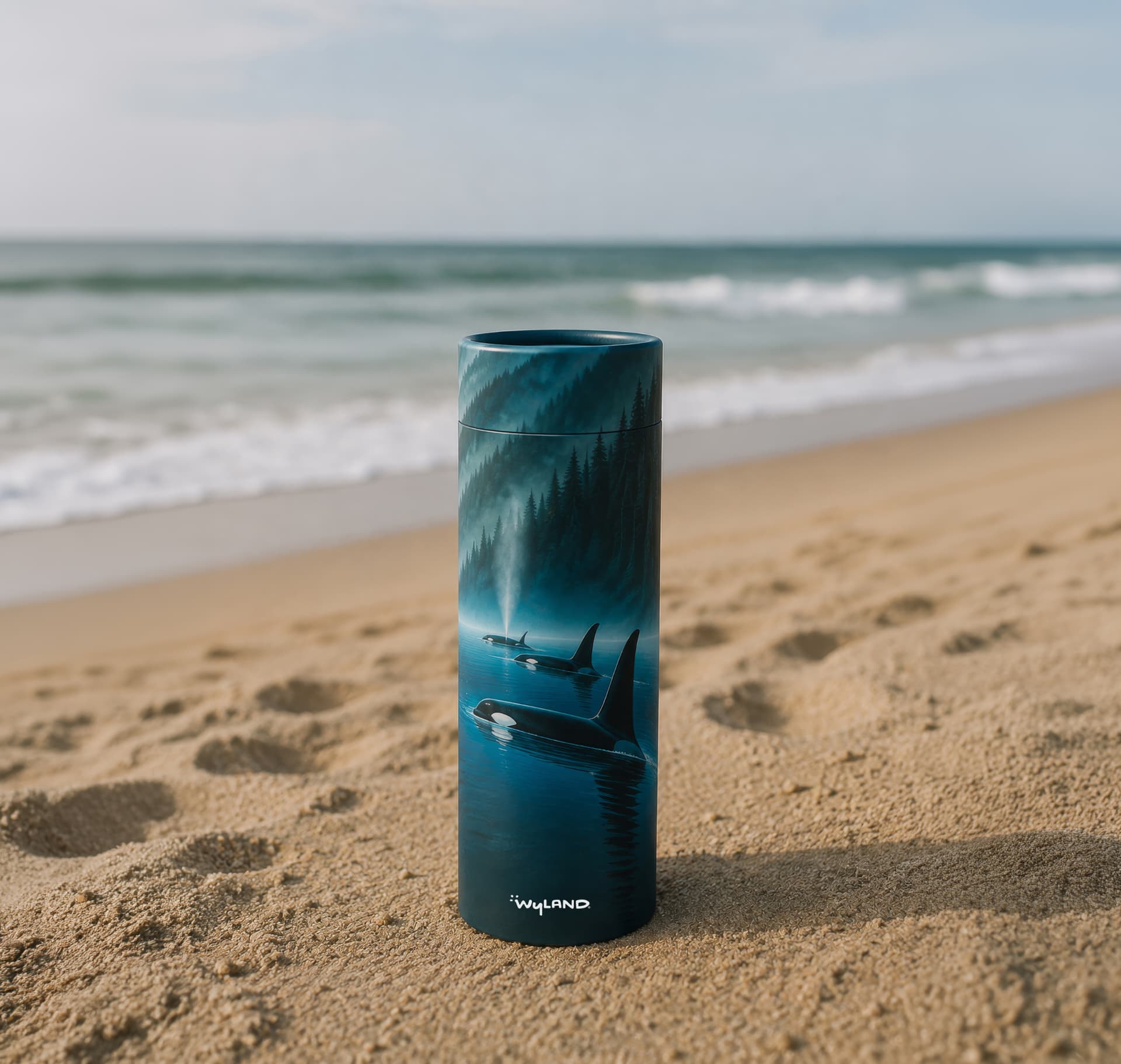 Scattering Tube with Wyland's orca pod artwork, standing on a beach
