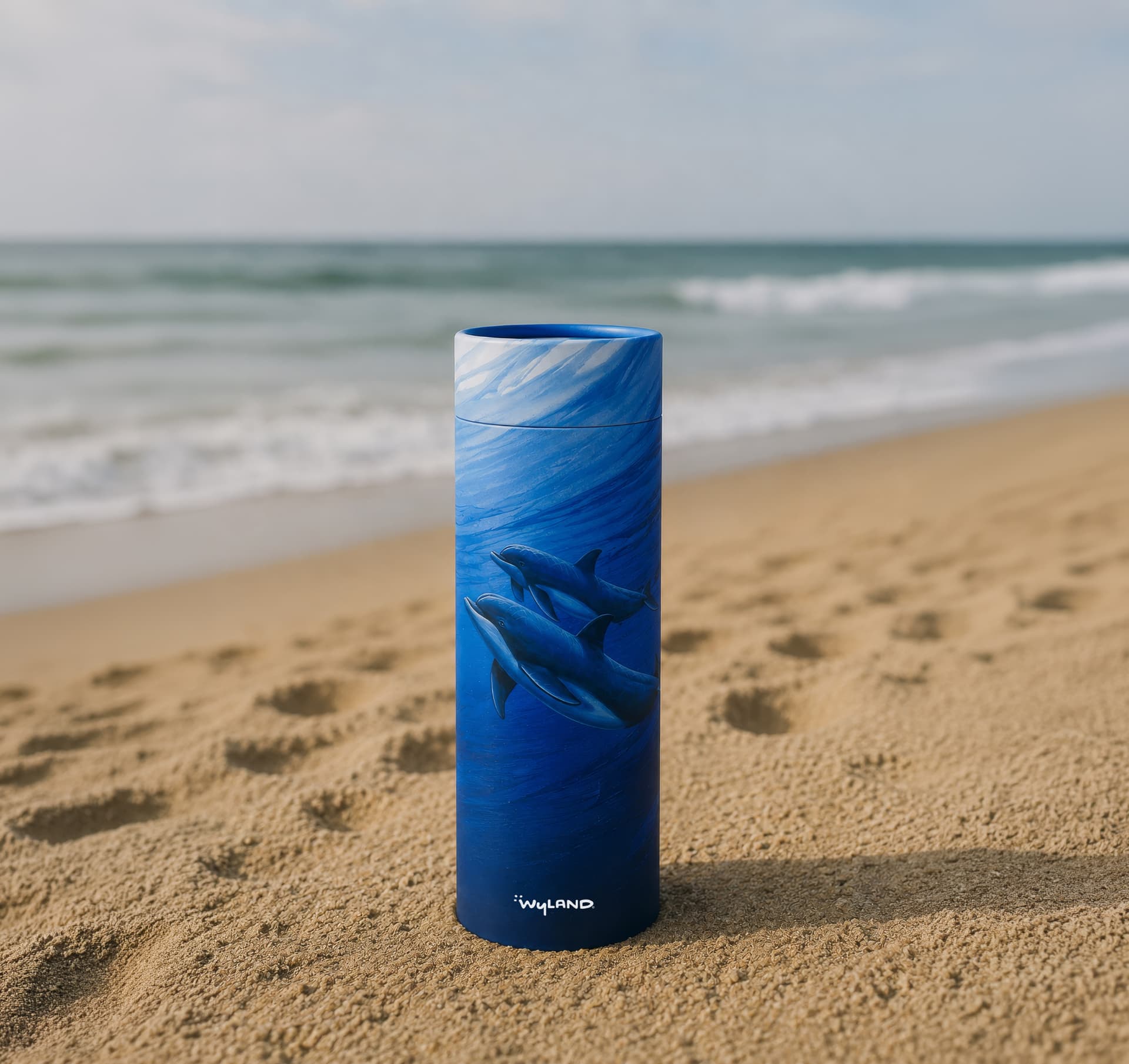 Scattering Tube with Wyland's two dolphins artwork, standing on a beach