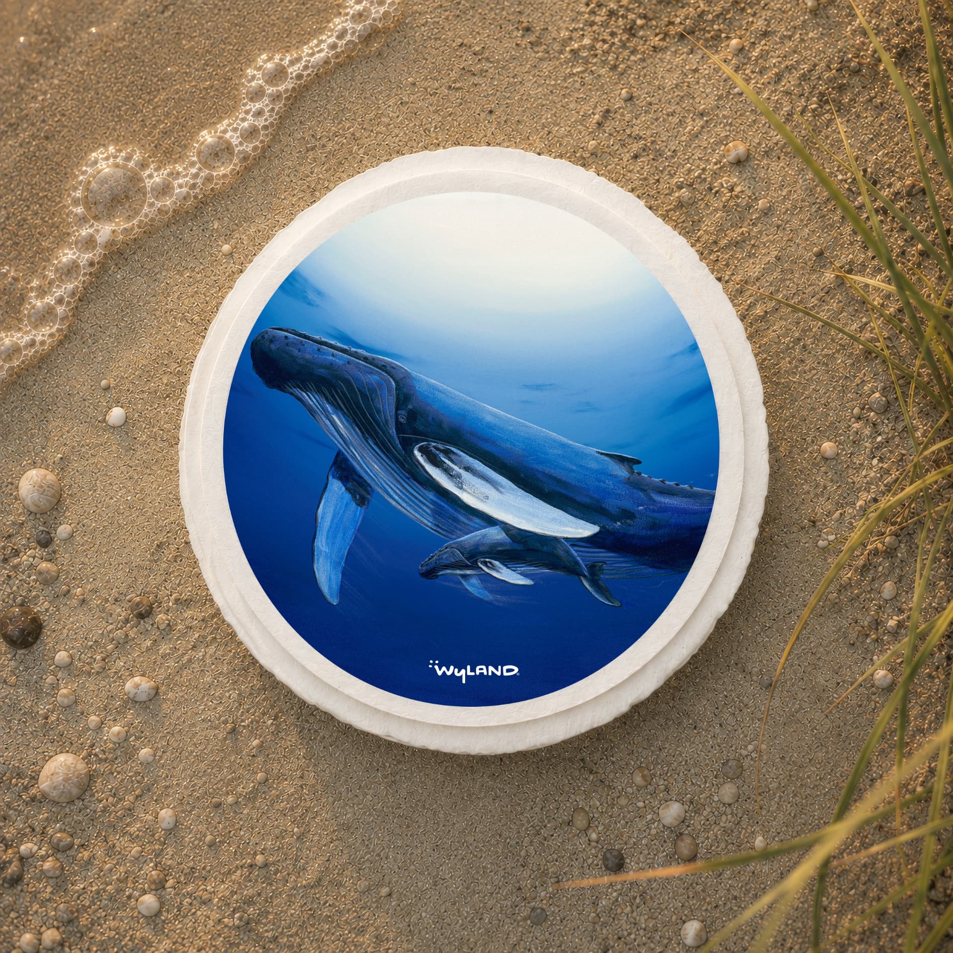 TributeArk water disbursement vessel with Wyland's humpback whale and newborn artwork, resting on wet sand