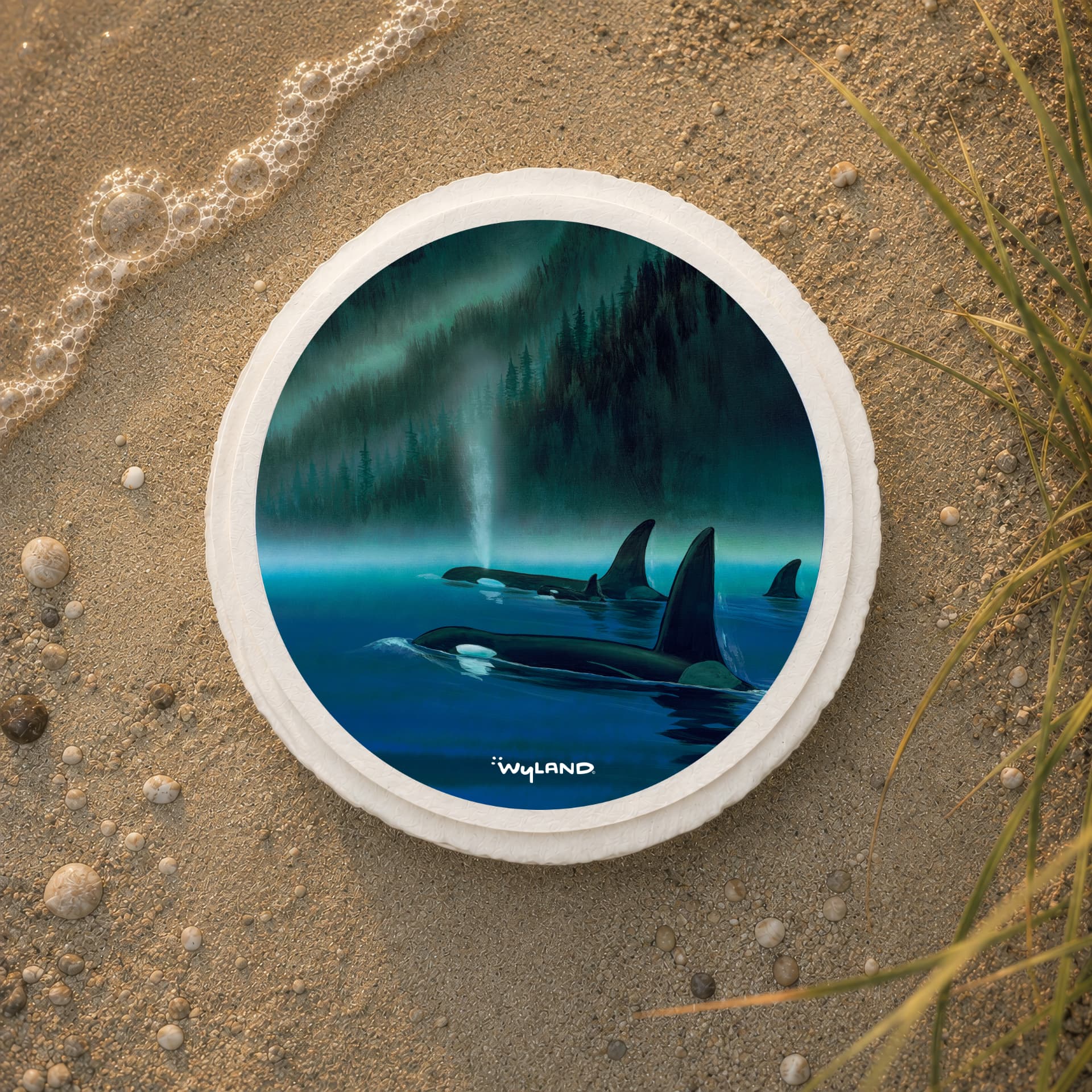 TributeArk water disbursement vessel with Wyland's orca pod artwork, resting on wet sand