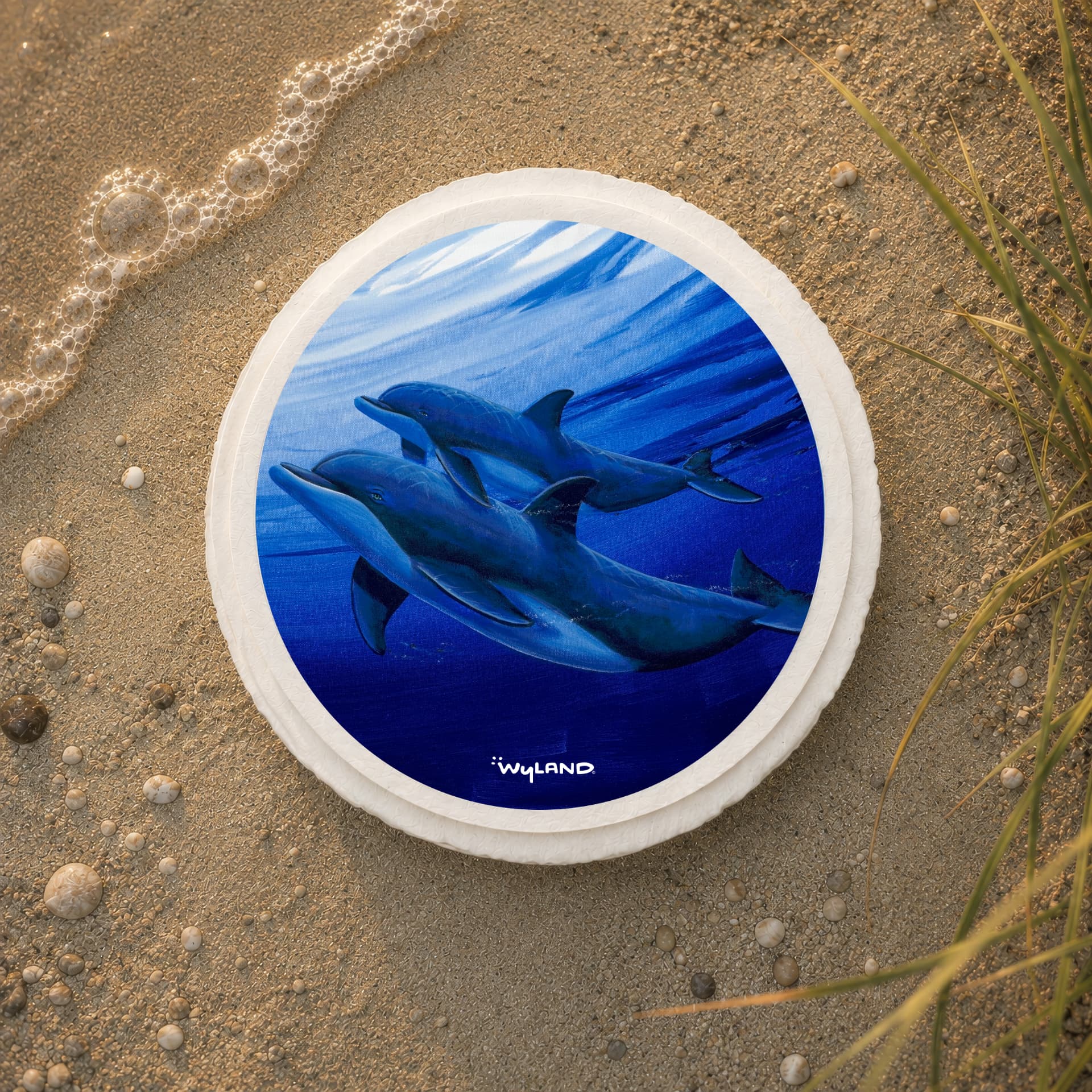 TributeArk water disbursement vessel with Wyland's two dolphins artwork, resting on wet sand