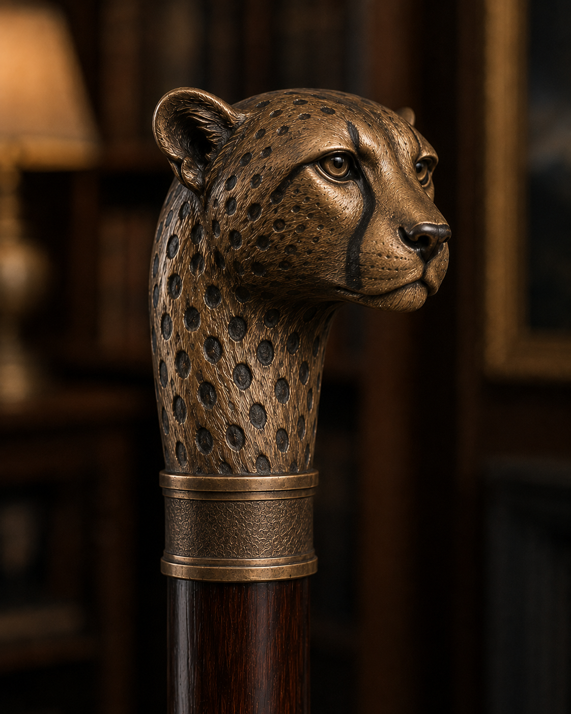 A bespoke bronze cheetah head cane handle with intricate spotted detailing