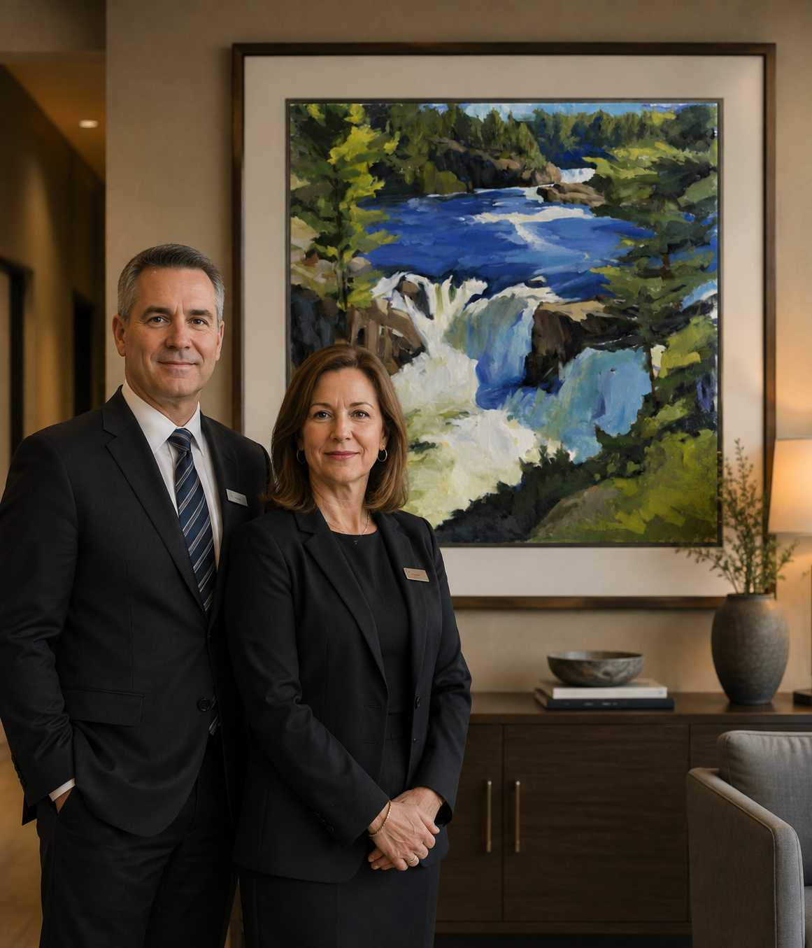 Two funeral professionals standing together in a modern consultation space with a landscape painting behind them