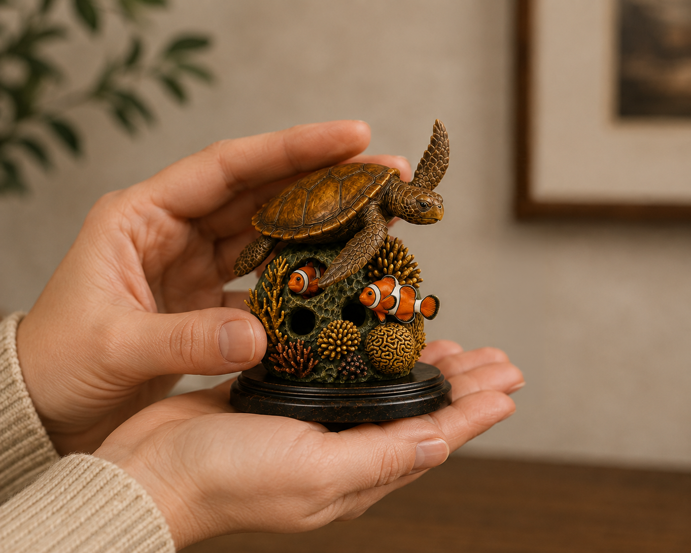 Hands holding a detailed sea turtle and clownfish bronze memorial sculpture