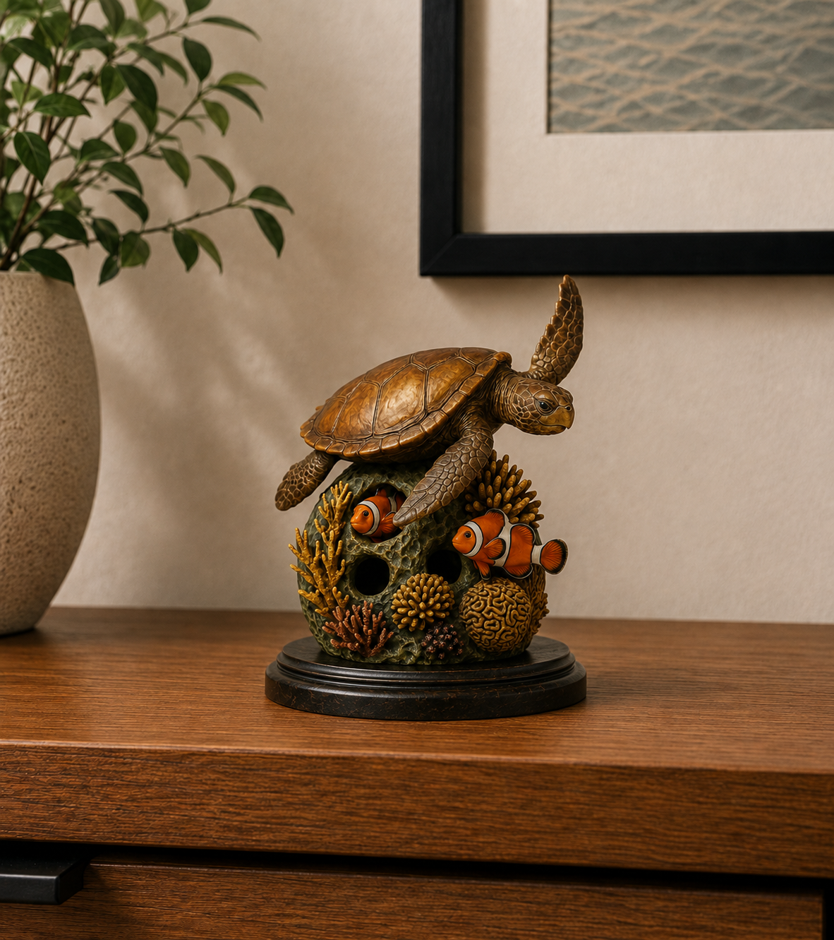 Miniature bronze sea turtle essence sculpture