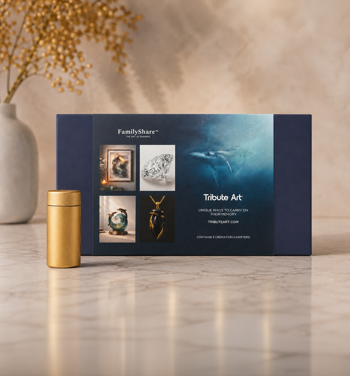 FamilyShare presentation box with five gold cremation keepsakes