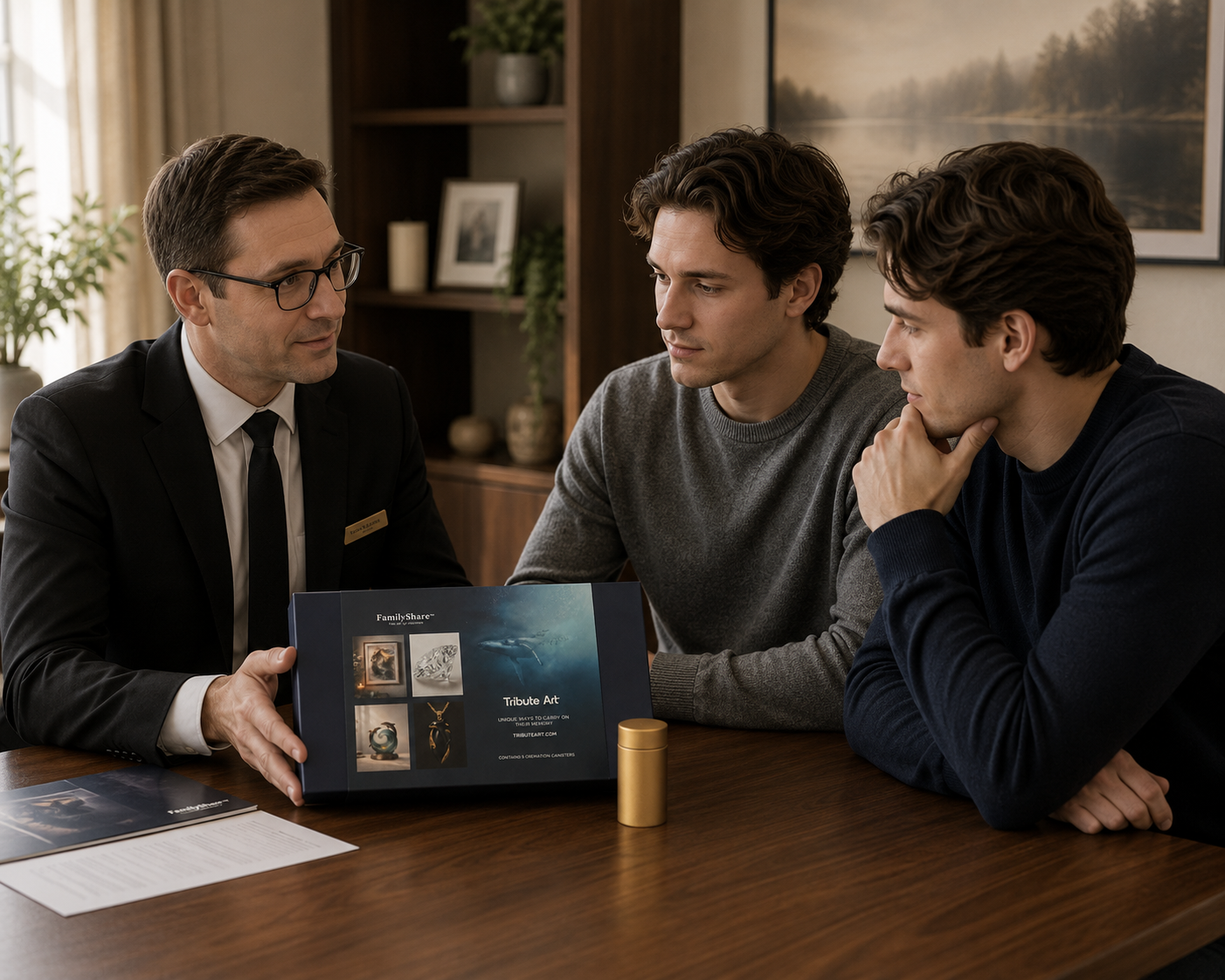 A funeral director presenting the FamilyShare offering to two family members