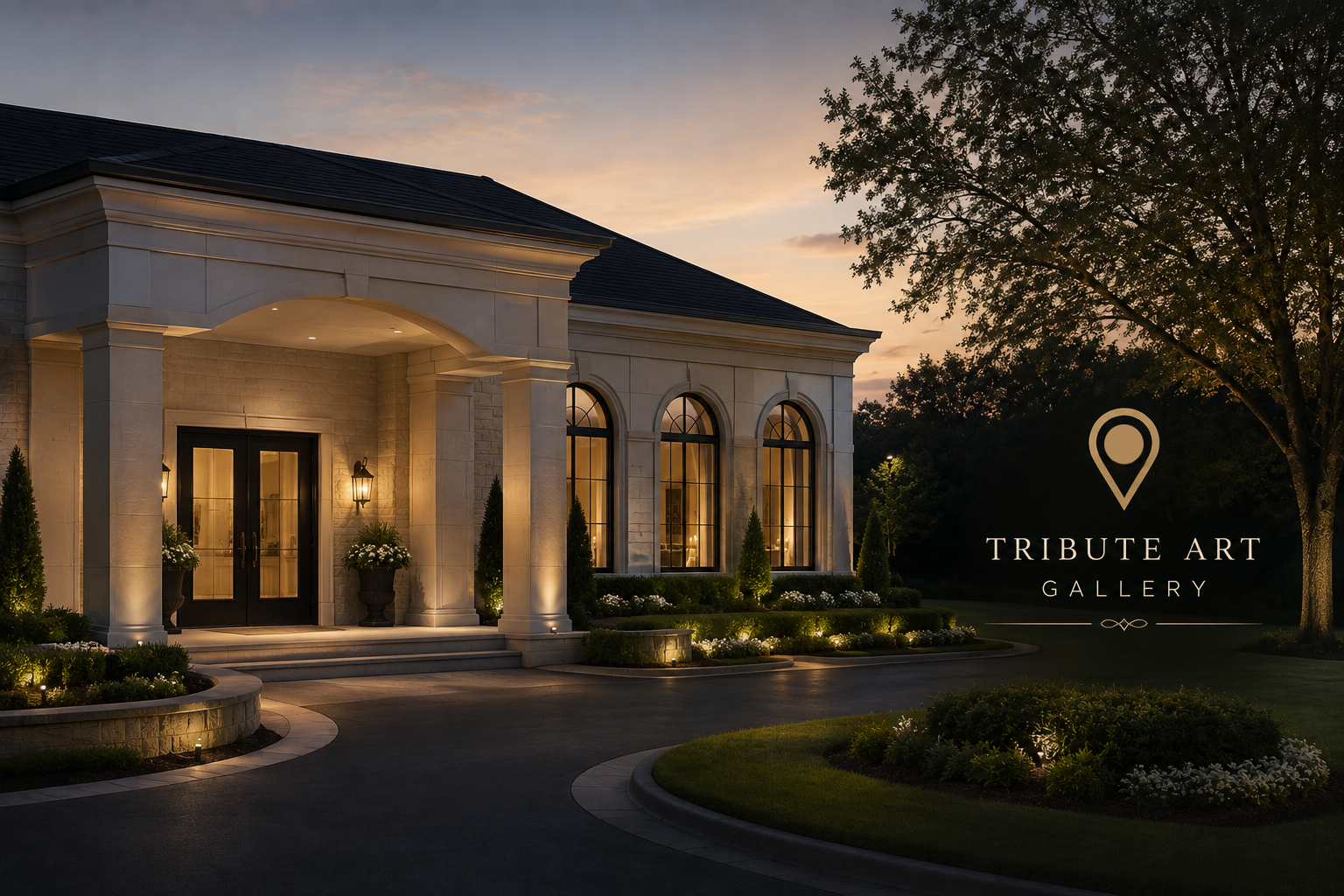 An elegant Tribute Art by Wyland™ Gallery exterior at dusk with landscaped grounds and warm architectural lighting