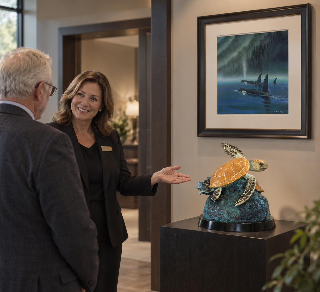 A funeral professional presenting a Tribute Art by Wyland™ gallery display with bronze sculpture and framed artwork