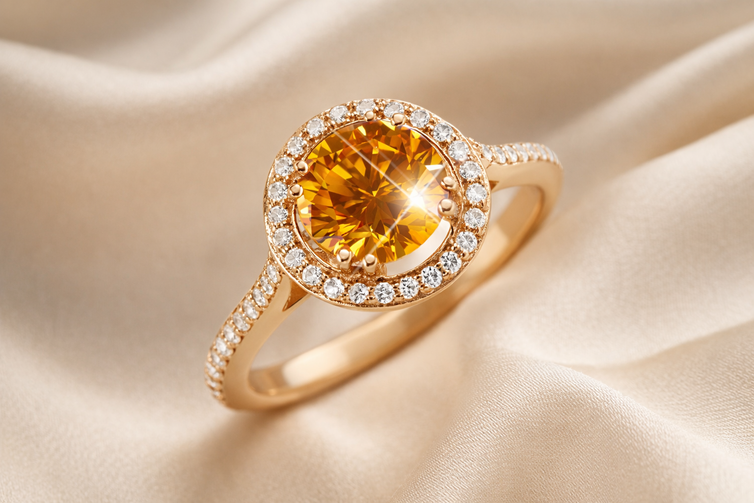 A gold ring with a brilliant orange Phoenix Diamond centre stone surrounded by a halo of diamonds