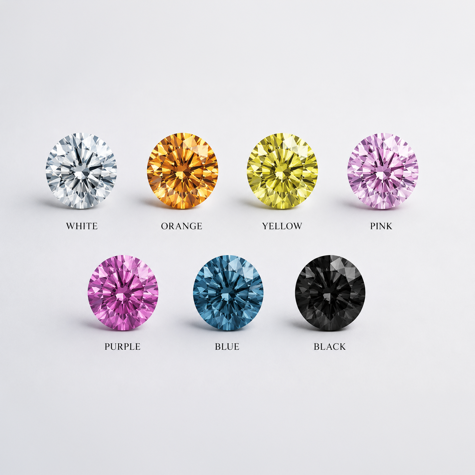 The seven Phoenix Diamond colour options: white, orange, yellow, pink, purple, blue, and black.