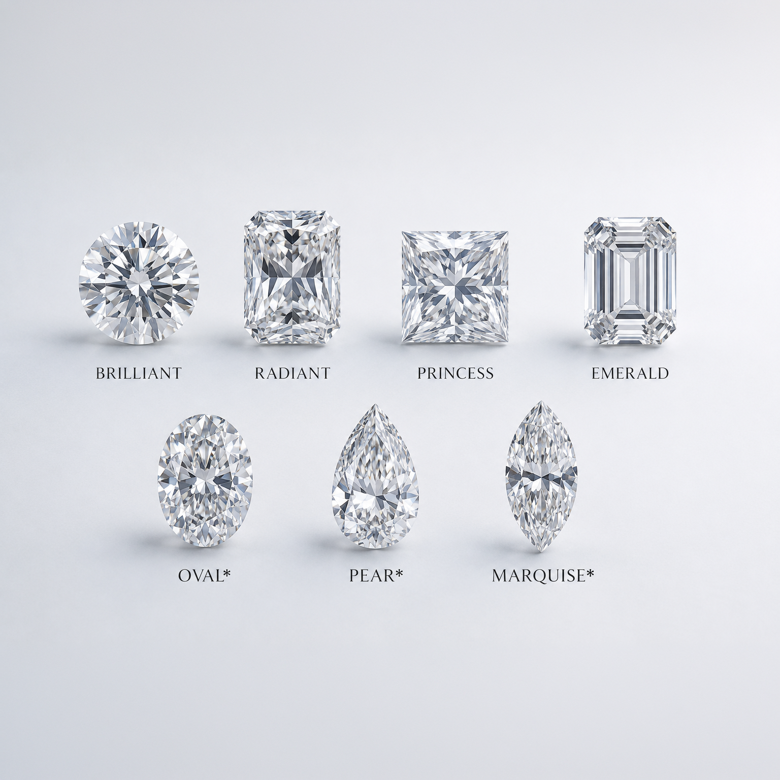 The seven Phoenix Diamond cut options: brilliant, radiant, princess, emerald, oval, pear, and marquise.
