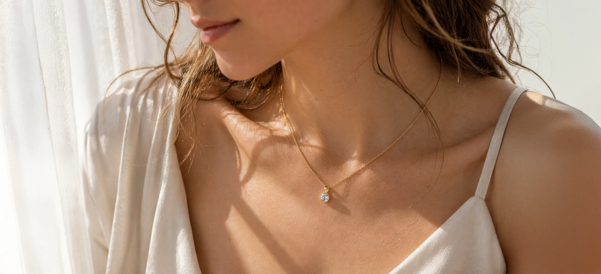 A gold necklace with a memorial diamond pendant worn close to the heart.