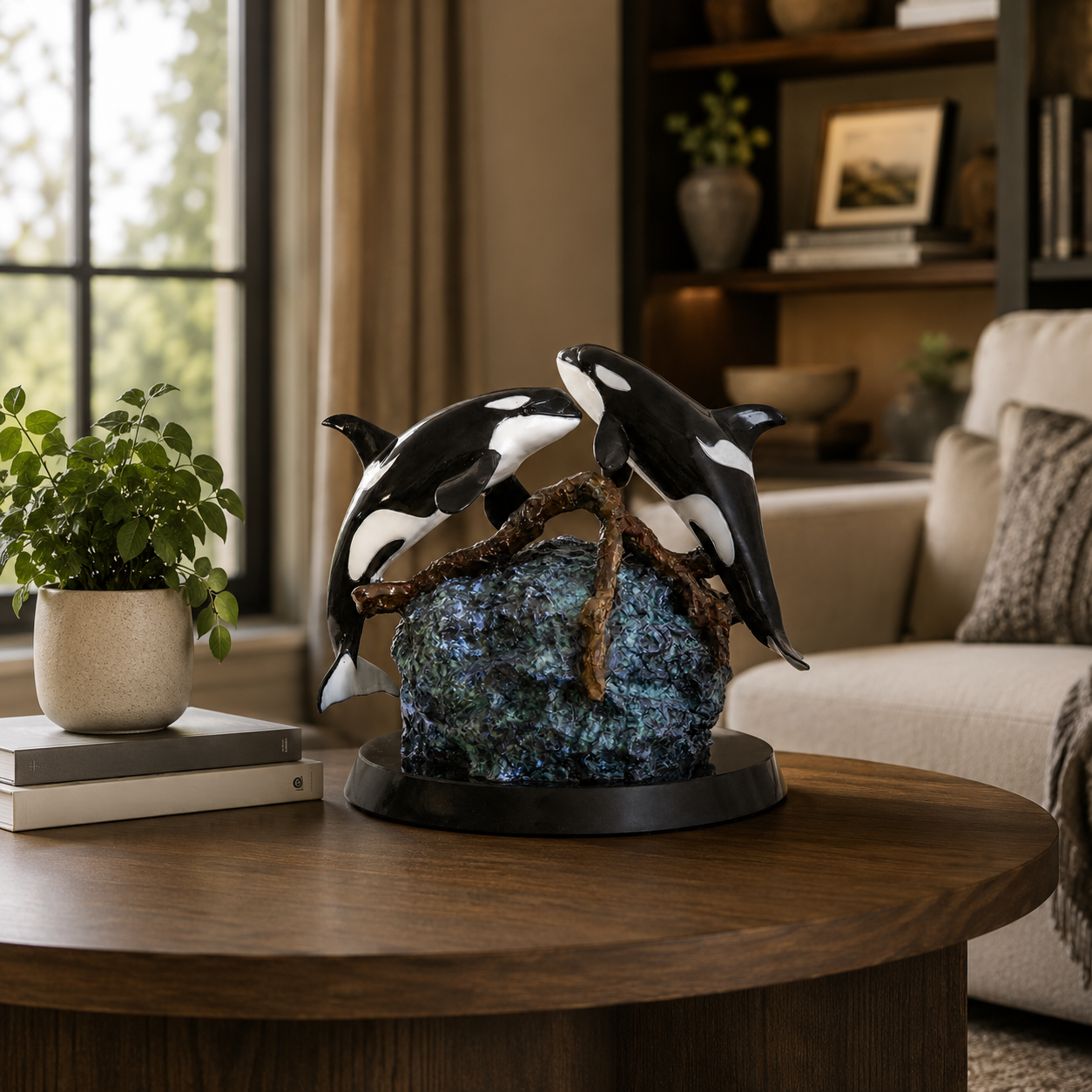 A bronze orca companion sculpture displayed on a wooden table in a warm home interior
