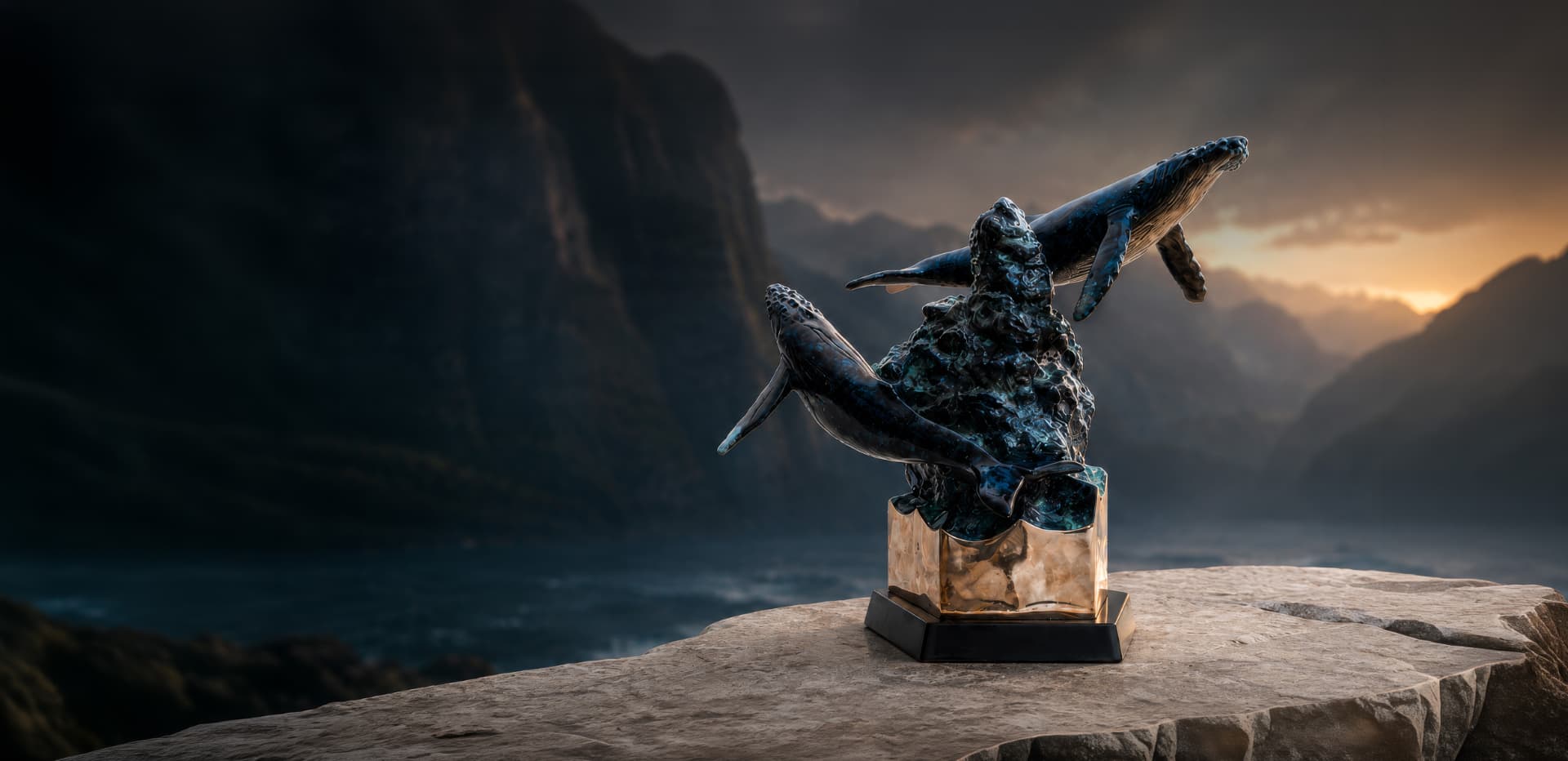Bronze whale sculpture on a stone pedestal with humpbacks arcing over a dark ocean cliff at golden hour