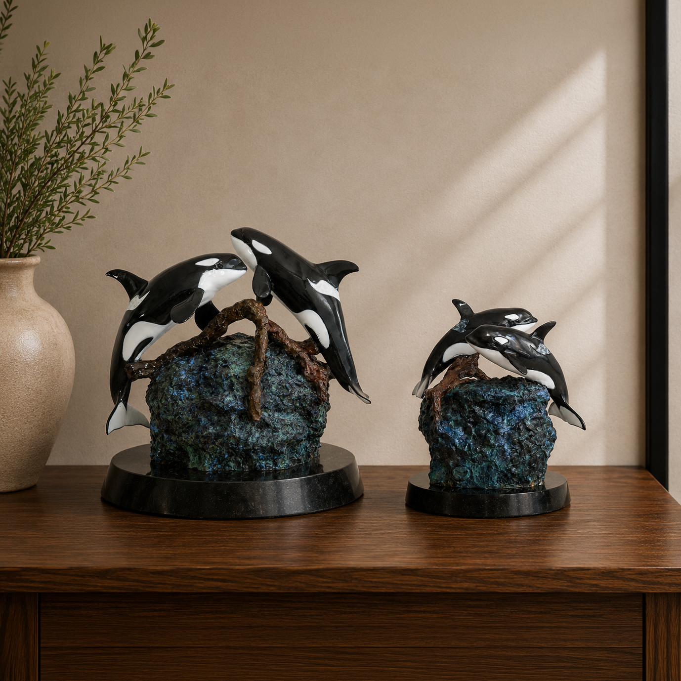 Devotion bronze orca sculptures, full-size and keepsake