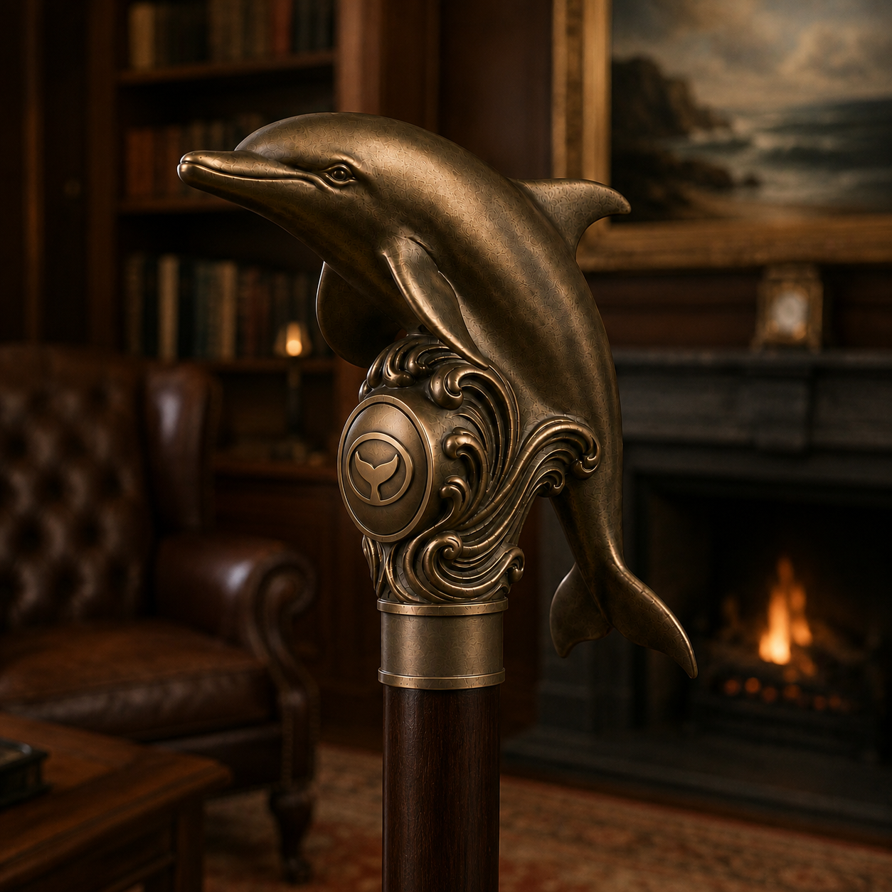 Bronze memorial cane handle sculpted as a dolphin