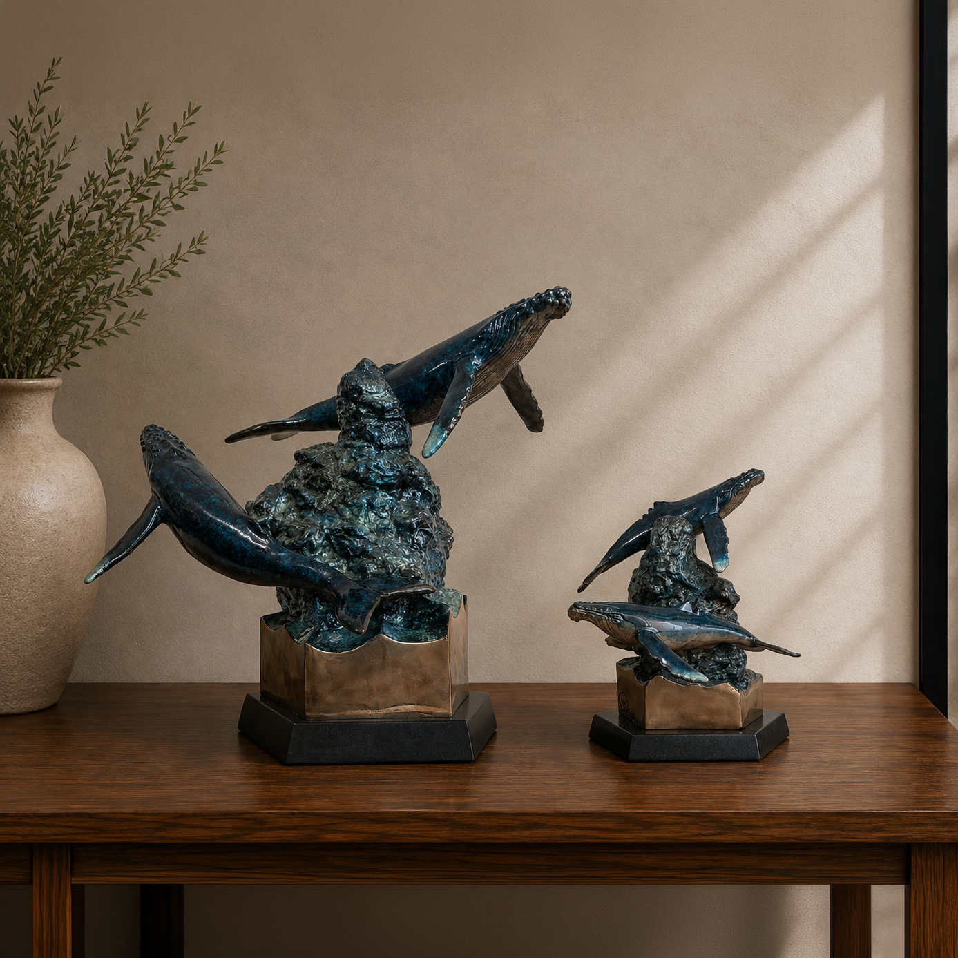 Majestic bronze humpback whale sculptures, full-size and keepsake