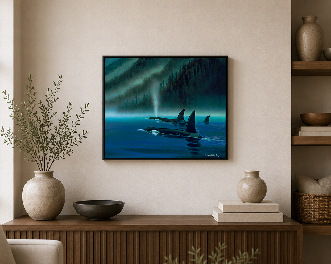Orcas surfacing in Pacific Northwest waters, painting by Wyland
