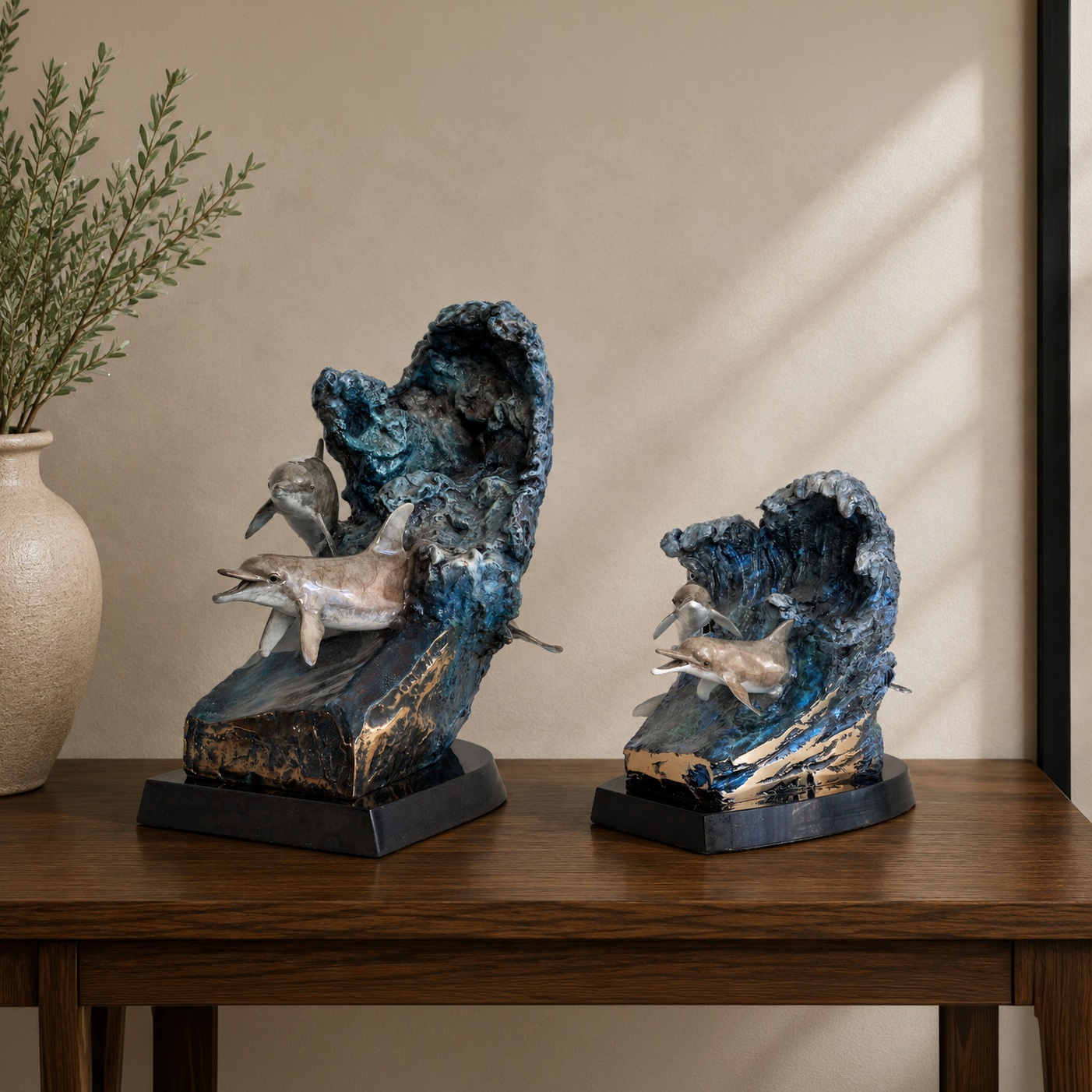 Serenade bronze dolphin sculptures, full-size and keepsake