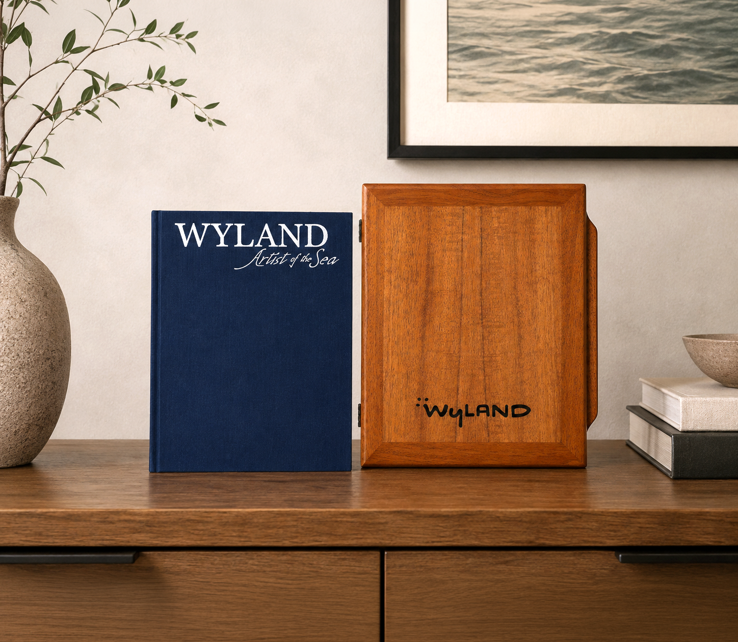 Wyland Artist of the Sea book beside its engraved wooden box
